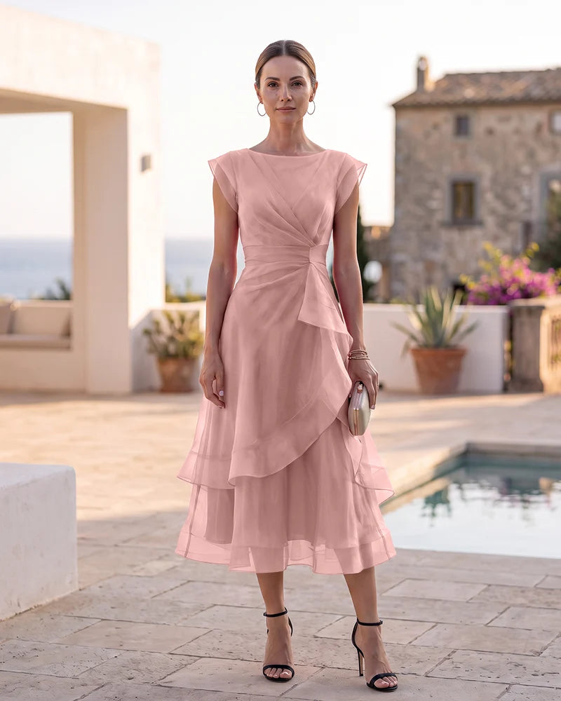Tiered Organza Midi Mother of the Bride Dress with Boat Neck