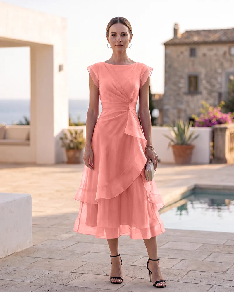 Tiered Organza Midi Mother of the Bride Dress with Boat Neck