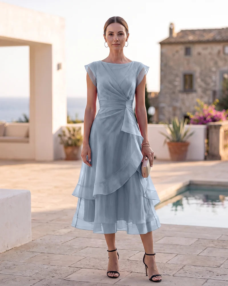 Tiered Organza Midi Mother of the Bride Dress with Boat Neck