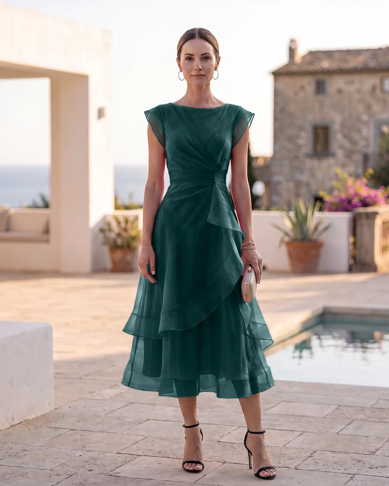Tiered Organza Midi Mother of the Bride Dress with Boat Neck