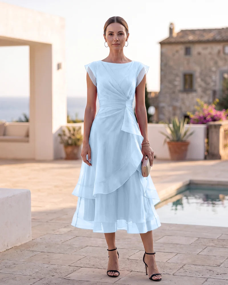 Tiered Organza Midi Mother of the Bride Dress with Boat Neck