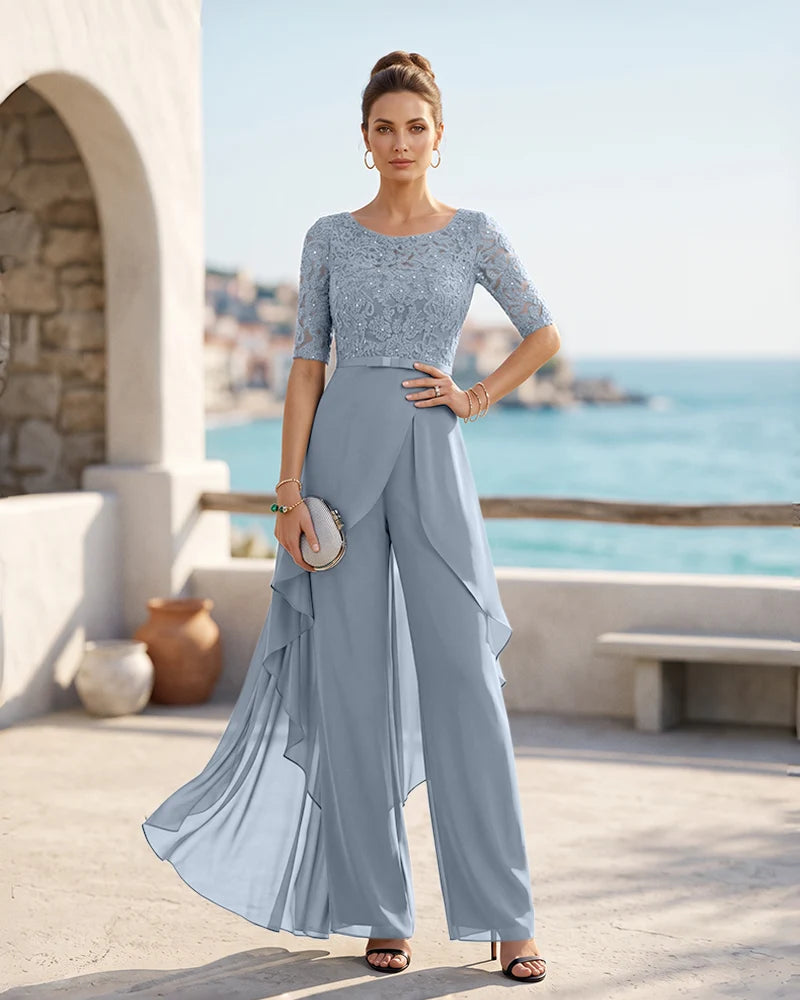 Sequined Lace Elbow Sleeve Jumpsuit Mother of the Bride Dress