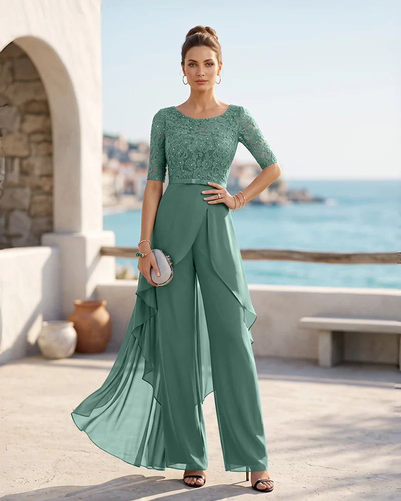 Sequined Lace Elbow Sleeve Jumpsuit Mother of the Bride Dress