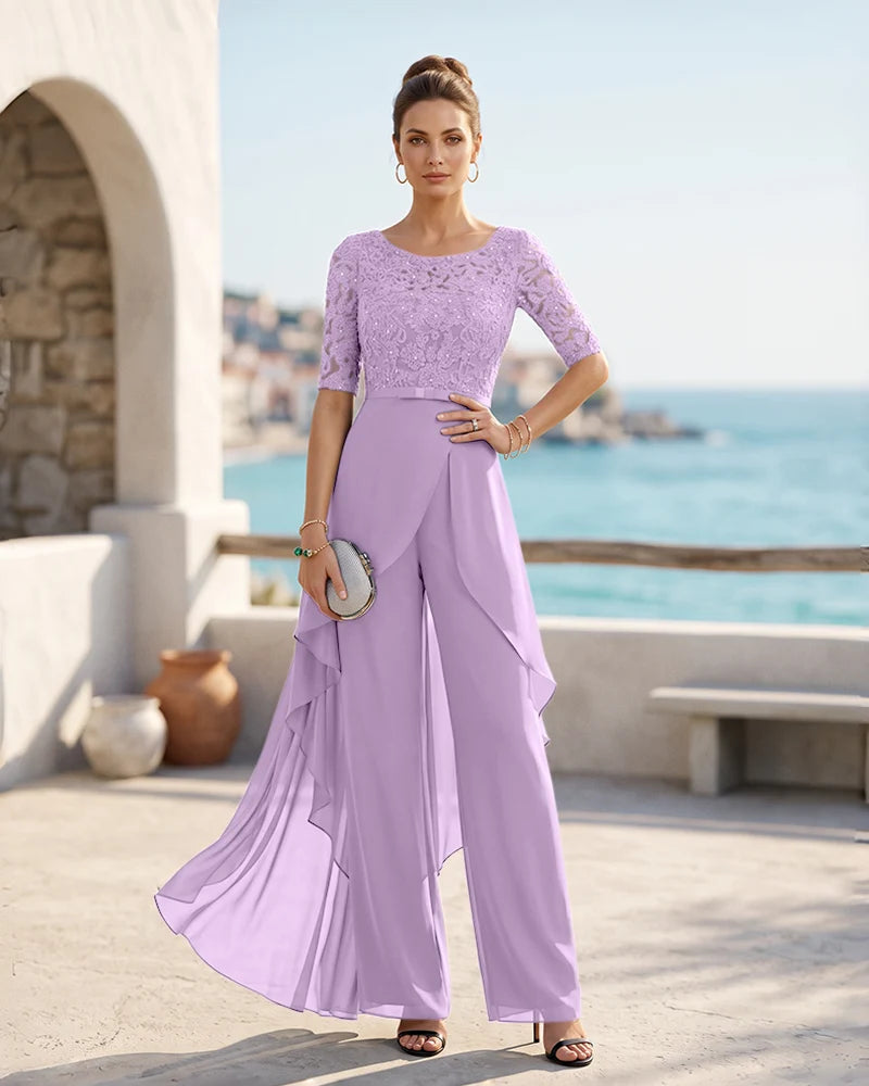 Sequined Lace Elbow Sleeve Jumpsuit Mother of the Bride Dress