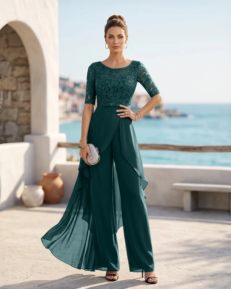 Sequined Lace Elbow Sleeve Jumpsuit Mother of the Bride Dress