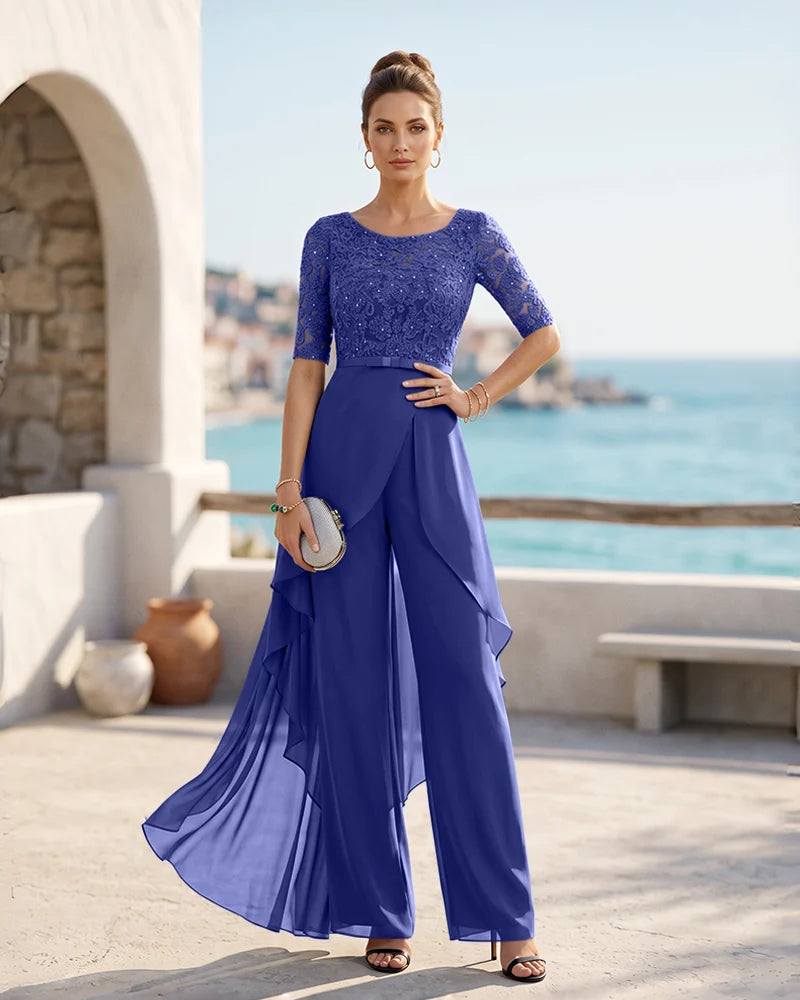 Sequined Lace Elbow Sleeve Jumpsuit Mother of the Bride Dress