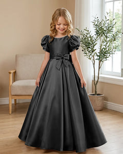 Satin-Puff-Short-Sleeve-Flower-Girl-Dress-with-Waist-Bow-Black-1