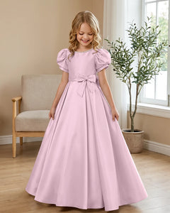 Satin-Puff-Short-Sleeve-Flower-Girl-Dress-with-Waist-Bow-Blushing-Pink-1
