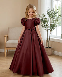 Satin-Puff-Short-Sleeve-Flower-Girl-Dress-with-Waist-Bow-Burgundy-1