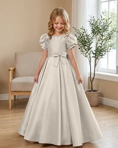 Satin-Puff-Short-Sleeve-Flower-Girl-Dress-with-Waist-Bow-Champagne-1