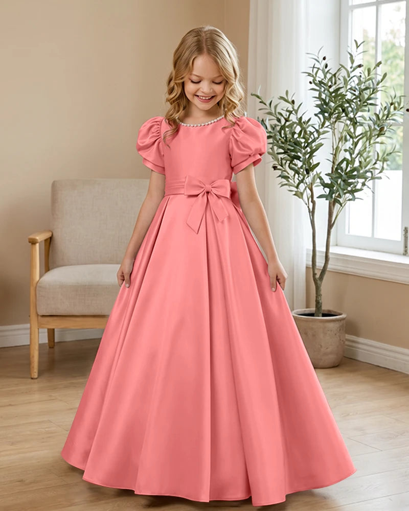 Satin-Puff-Short-Sleeve-Flower-Girl-Dress-with-Waist-Bow-Coral-1
