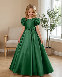 Satin-Puff-Short-Sleeve-Flower-Girl-Dress-with-Waist-Bow-Emerald-1