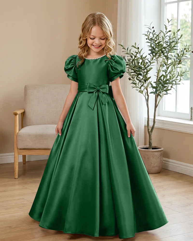 Satin-Puff-Short-Sleeve-Flower-Girl-Dress-with-Waist-Bow-Emerald-1