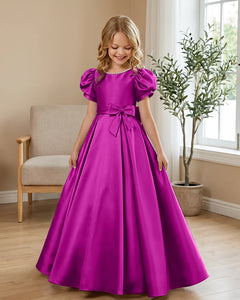 Satin-Puff-Short-Sleeve-Flower-Girl-Dress-with-Waist-Bow-Fuchsia-1