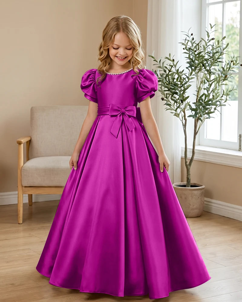 Satin-Puff-Short-Sleeve-Flower-Girl-Dress-with-Waist-Bow-Fuchsia-1