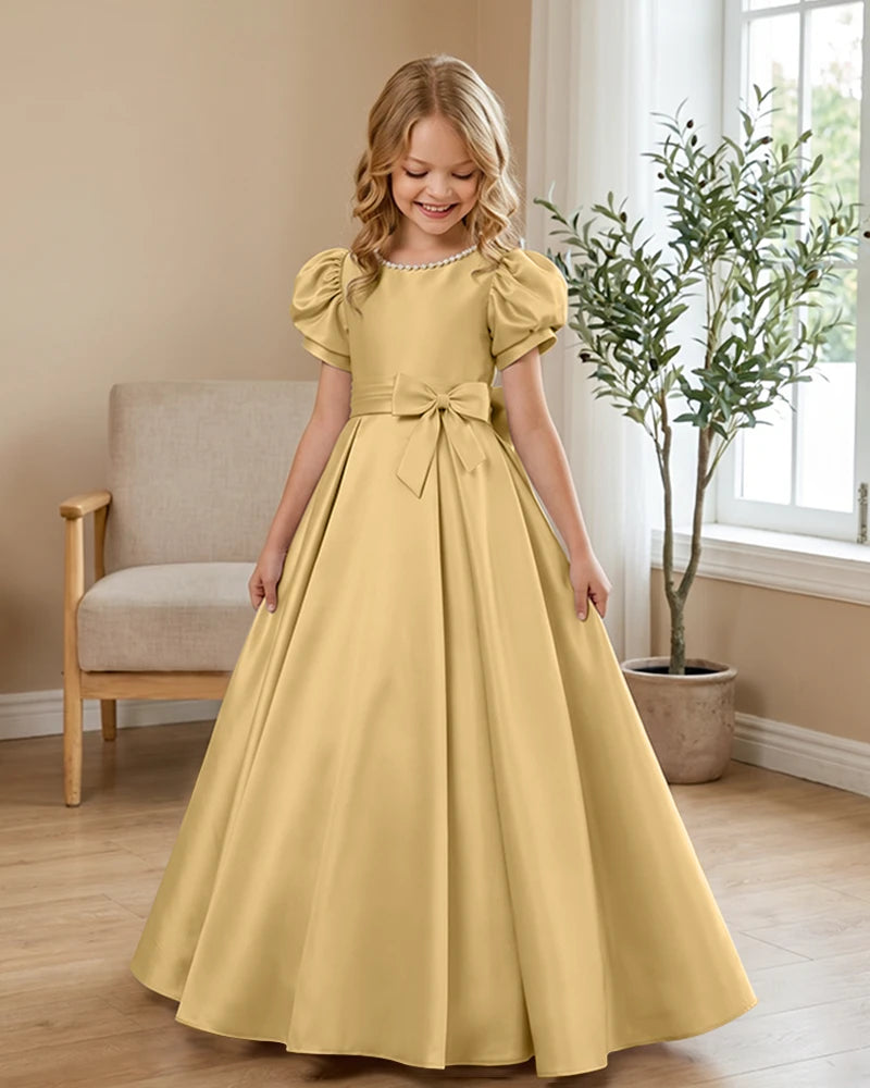 Satin-Puff-Short-Sleeve-Flower-Girl-Dress-with-Waist-Bow-Gold-1