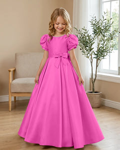 Satin-Puff-Short-Sleeve-Flower-Girl-Dress-with-Waist-Bow-Hot-Pink-1