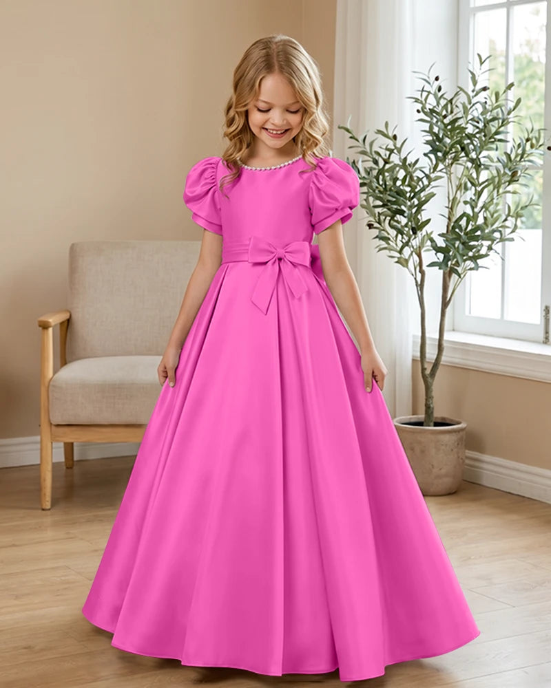 Satin-Puff-Short-Sleeve-Flower-Girl-Dress-with-Waist-Bow-Hot-Pink-1