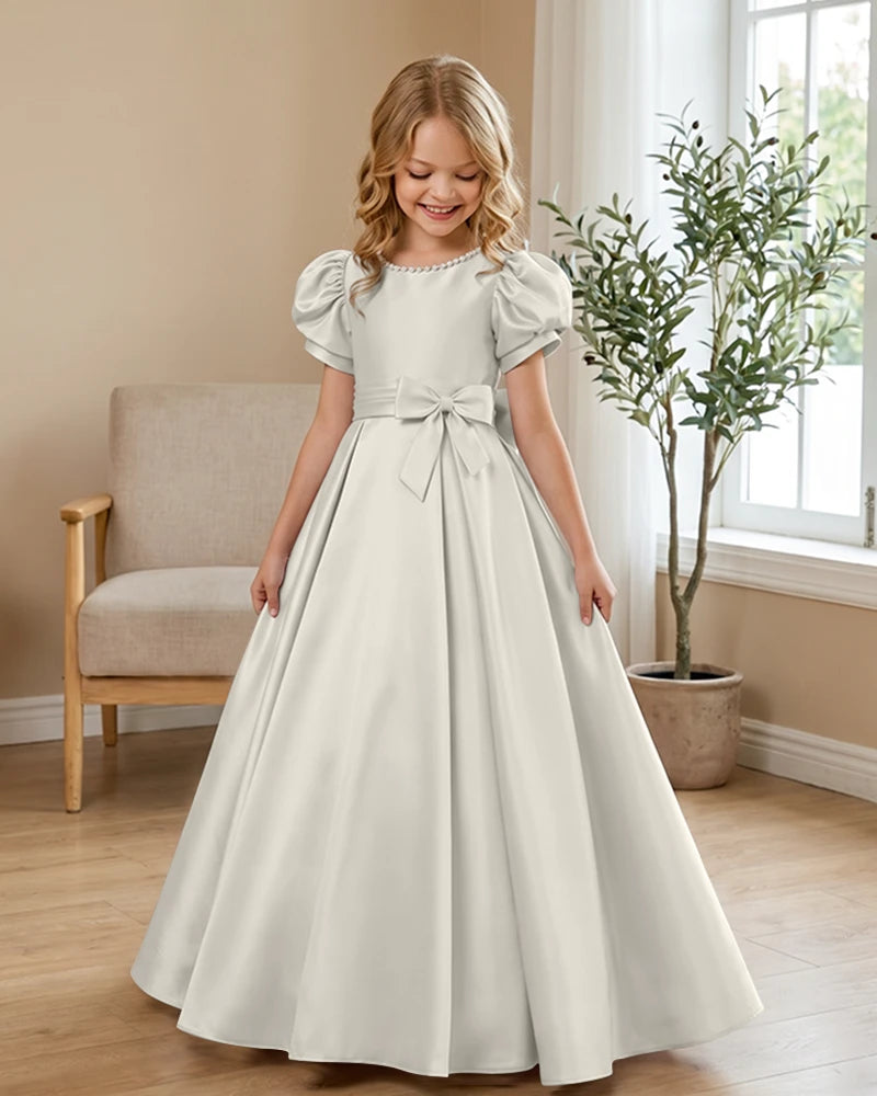 Satin-Puff-Short-Sleeve-Flower-Girl-Dress-with-Waist-Bow-Ivory-1