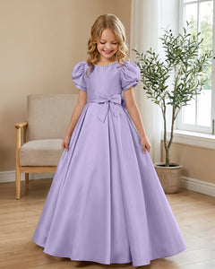 Satin-Puff-Short-Sleeve-Flower-Girl-Dress-with-Waist-Bow-Lavender-1