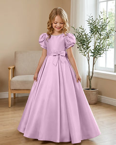 Satin-Puff-Short-Sleeve-Flower-Girl-Dress-with-Waist-Bow-Lemon-1