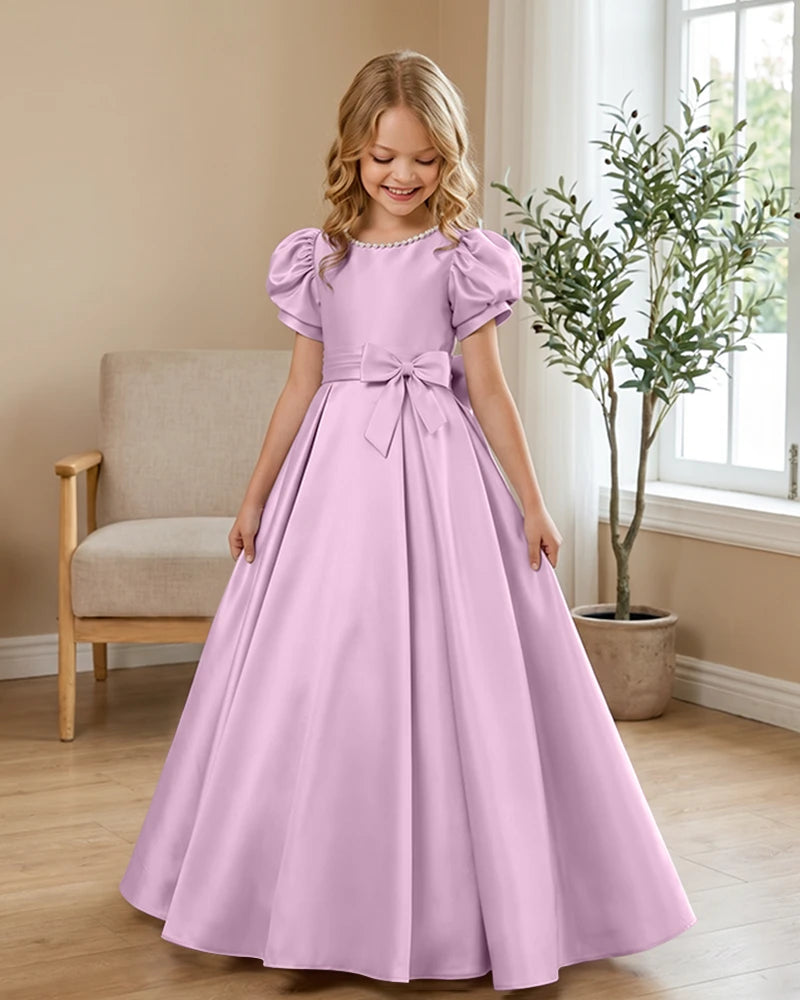 Satin-Puff-Short-Sleeve-Flower-Girl-Dress-with-Waist-Bow-Lemon-1
