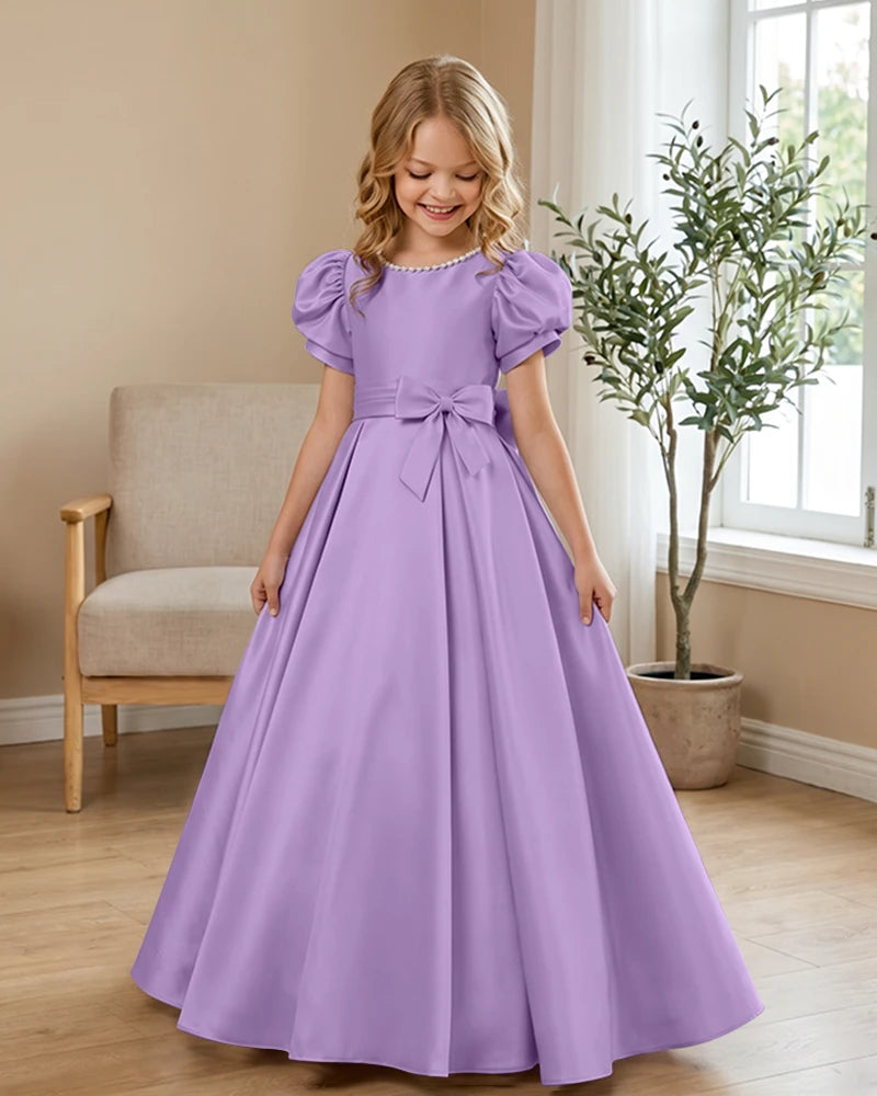 Satin-Puff-Short-Sleeve-Flower-Girl-Dress-with-Waist-Bow-Lilac-1