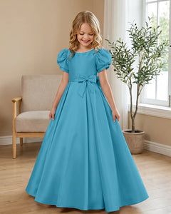 Satin-Puff-Short-Sleeve-Flower-Girl-Dress-with-Waist-Bow-Ocean-Blue-1