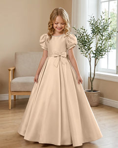 Satin-Puff-Short-Sleeve-Flower-Girl-Dress-with-Waist-Bow-Peach-1