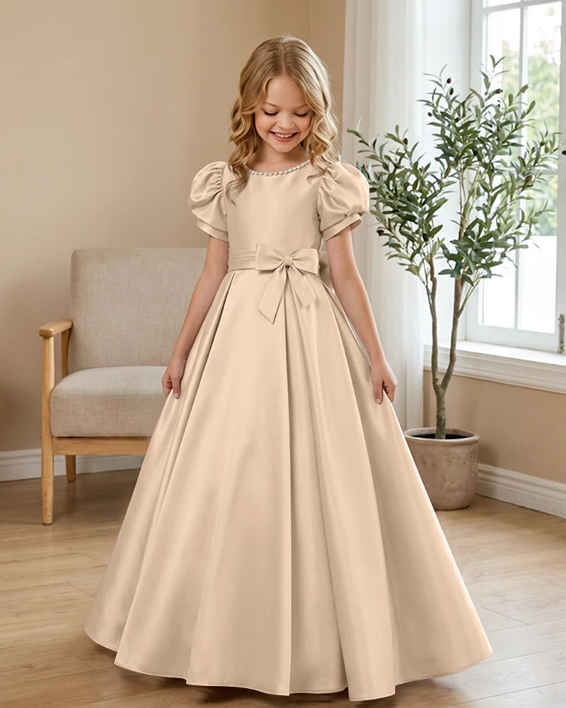 Satin-Puff-Short-Sleeve-Flower-Girl-Dress-with-Waist-Bow-Peach-1