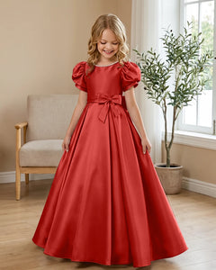 Satin-Puff-Short-Sleeve-Flower-Girl-Dress-with-Waist-Bow-Red-1