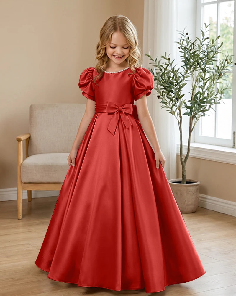 Satin-Puff-Short-Sleeve-Flower-Girl-Dress-with-Waist-Bow-Red-1