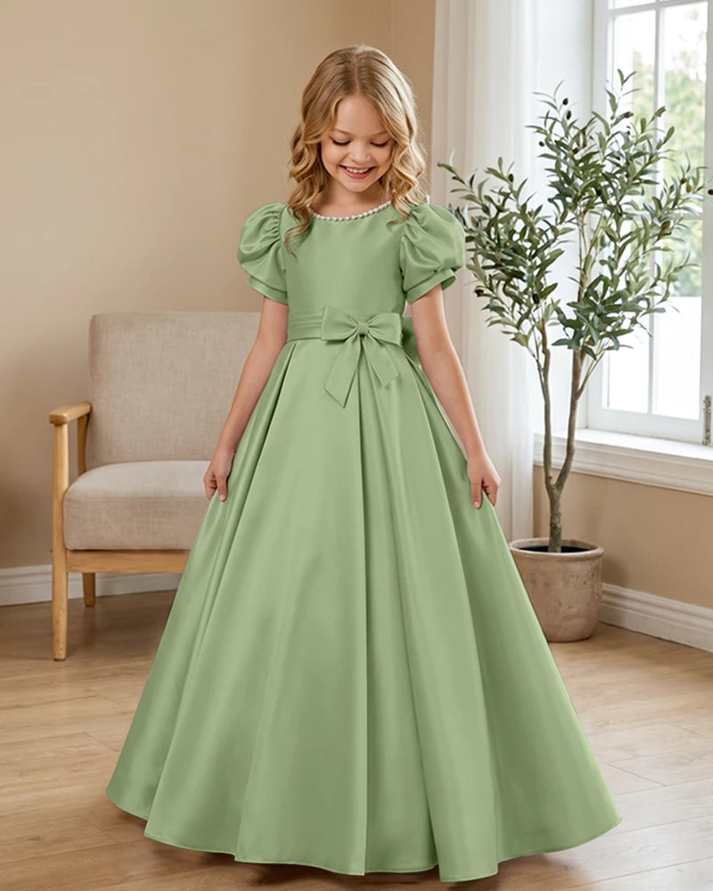 Satin-Puff-Short-Sleeve-Flower-Girl-Dress-with-Waist-Bow-Sage-1