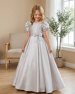 Satin-Puff-Short-Sleeve-Flower-Girl-Dress-with-Waist-Bow-Silver-1