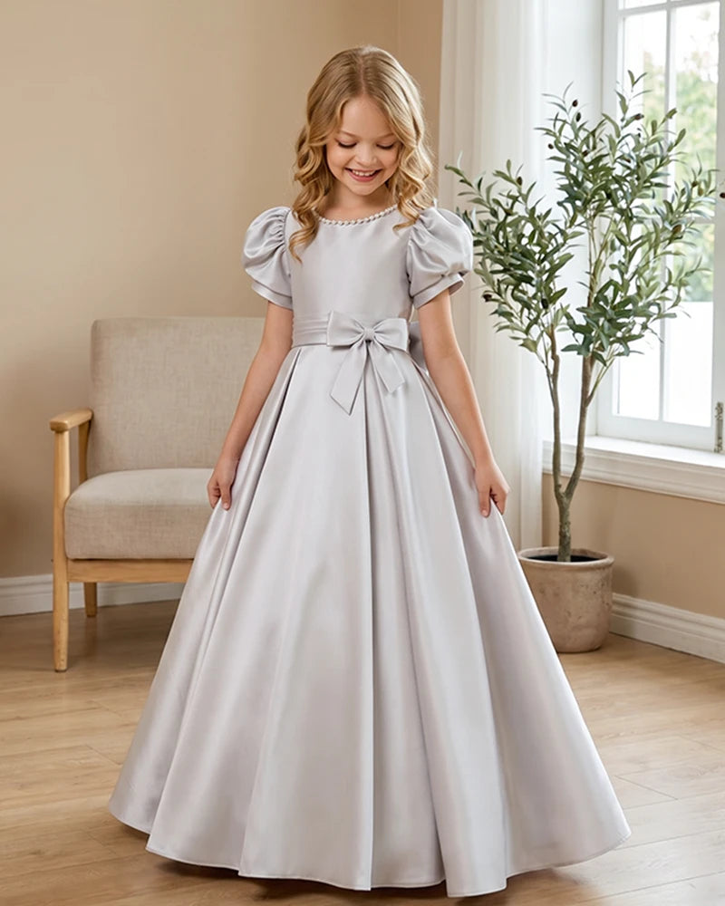Satin-Puff-Short-Sleeve-Flower-Girl-Dress-with-Waist-Bow-Silver-1