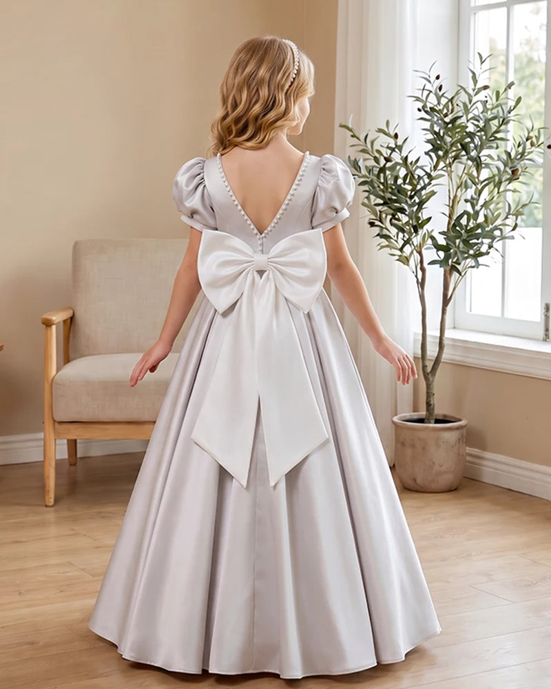 Satin-Puff-Short-Sleeve-Flower-Girl-Dress-with-Waist-Bow-Silver-2