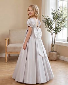 Satin-Puff-Short-Sleeve-Flower-Girl-Dress-with-Waist-Bow-Silver-3