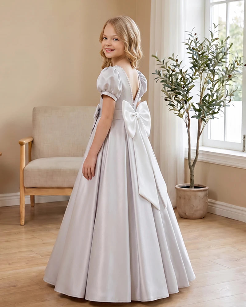 Satin-Puff-Short-Sleeve-Flower-Girl-Dress-with-Waist-Bow-Silver-3