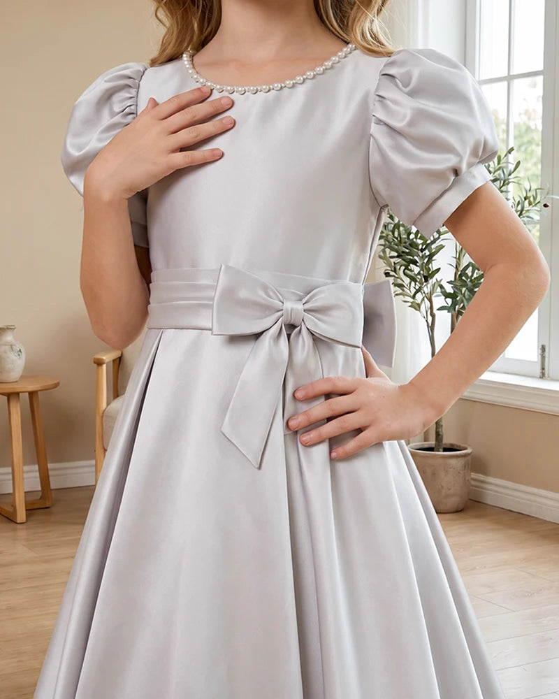 Satin-Puff-Short-Sleeve-Flower-Girl-Dress-with-Waist-Bow-Silver-4