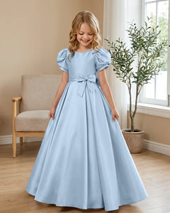Satin-Puff-Short-Sleeve-Flower-Girl-Dress-with-Waist-Bow-Sky-Blue-1