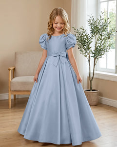 Satin-Puff-Short-Sleeve-Flower-Girl-Dress-with-Waist-Bow-Steel-Blue-1