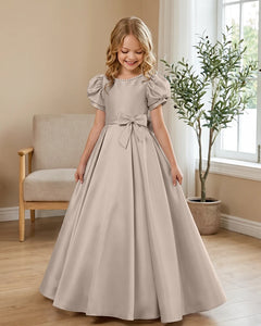Satin-Puff-Short-Sleeve-Flower-Girl-Dress-with-Waist-Bow-Taupe-1