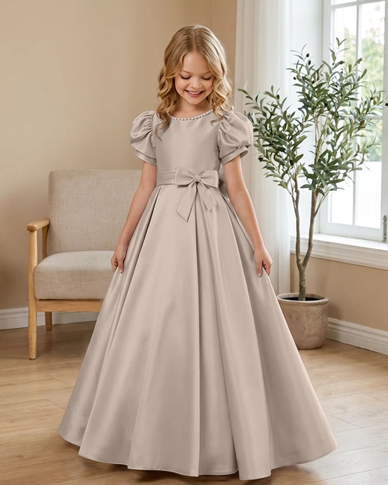 Satin-Puff-Short-Sleeve-Flower-Girl-Dress-with-Waist-Bow-Taupe-1