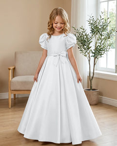 Satin-Puff-Short-Sleeve-Flower-Girl-Dress-with-Waist-Bow-White-1