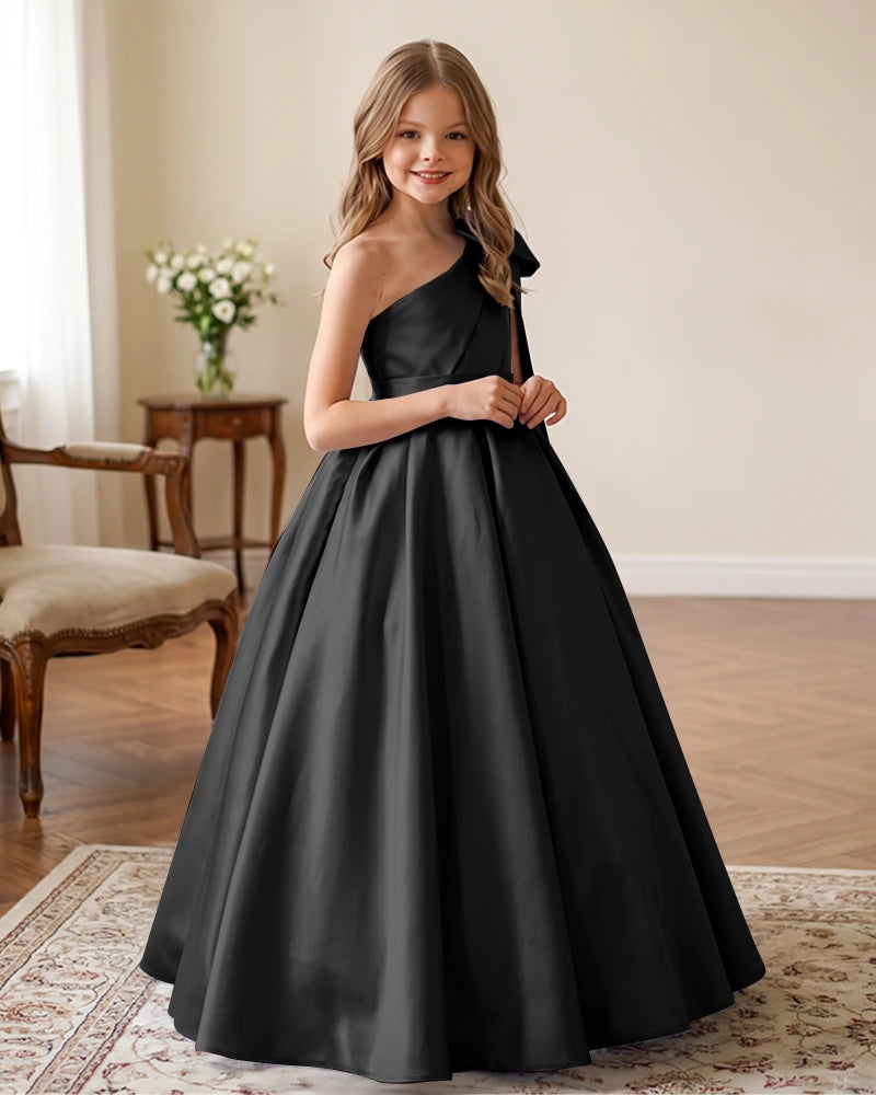 One-Shoulder-Satin-A-Line-Flower-Girl-Dress-Black-1