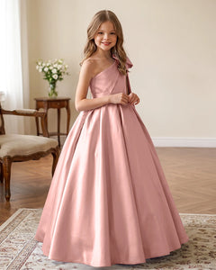 One-Shoulder-Satin-A-Line-Flower-Girl-Dress-Blushing-Pink-1