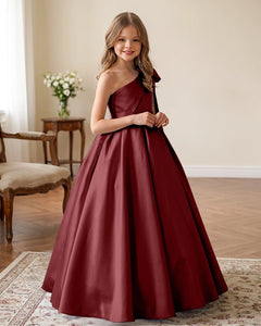 One-Shoulder-Satin-A-Line-Flower-Girl-Dress-Burgundy-1