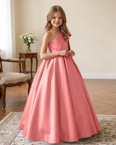One-Shoulder-Satin-A-Line-Flower-Girl-Dress-Coral-1