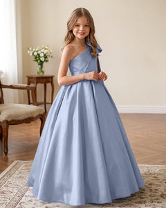 One-Shoulder-Satin-A-Line-Flower-Girl-Dress-Dusty-Blue-1