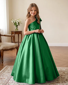 One-Shoulder-Satin-A-Line-Flower-Girl-Dress-Emerald-1